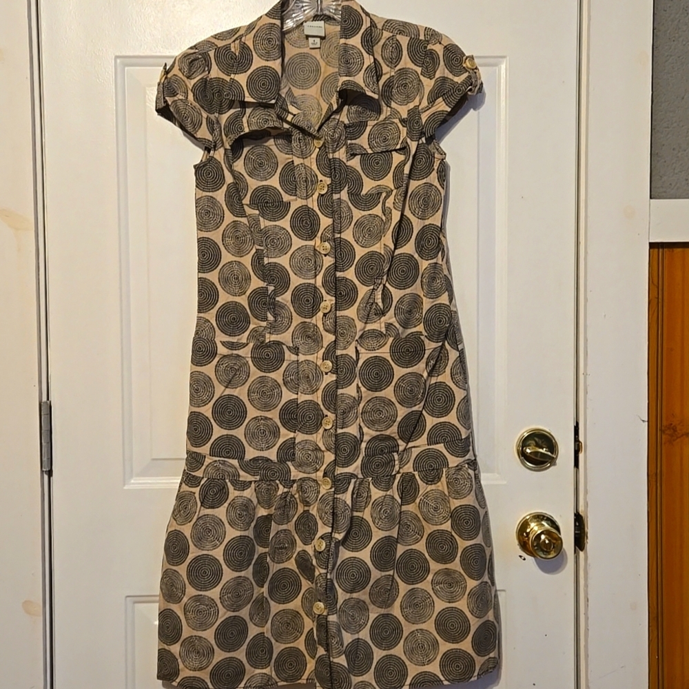 Merona Tunic Dress, Sz 4, Black, Cream, Circle Print, Drop waist, Cap Sleeve